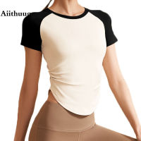 Aiithuug เอว Slimmer Quick Dry เสื้อโยคะเสื้อโยคะ Crop Top เอว Slimming Tops Fitnes กีฬาแขนสั้นออกกำลังกาย Top