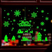 2pcs/set Merry Christmas Luminous Window Stickers Reindeer Snowflake Bathroom Glass Wall Decals Removable PVC Stickers Festival