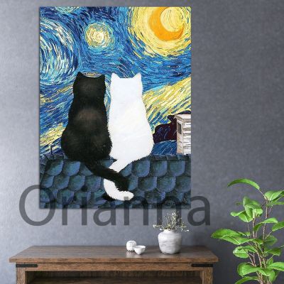 Nordic บทคัดย่อ Cats Starry Night โปสเตอร์-แมวน่ารักโปสเตอร์สำหรับ Cat Wall Art พิมพ์ภาพผนังตกแต่งบ้านภาพวาดผ้าใบ Cuadros