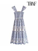 TRAF Women Fashion Cutwork Embroidery Smocked Midi Dress Vintage Backless Ruffled Straps Female Dresses Vestidos Mujer