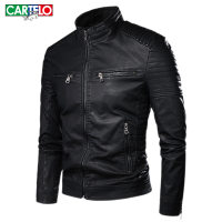 CARTELO Mens Leather Jacket Long Sleeves With Zipper Stand-up Collar Style Leather Jacket Mens Windproof Waterproof Motorcycle Jacket