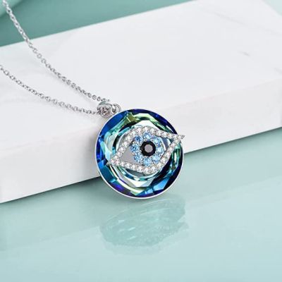 JDY6H Unique Fashion Round Crystal Blue Evil Eye Pendant Necklace for Women Good Luck Round Eye Necklace Birthday Party Jewelry Gif