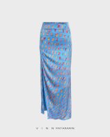 Vinn Patararin - Skirt slit Print Deep blue - กระโปรง ผ้าซาติน ผ่าขา