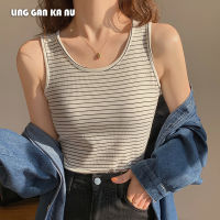 LING GAN KA NU Ins สั้นรั่วสะดือ  ฤดูร้อนใหม่แฟชั่นเกาหลีผู้หญิงลาย camisole เซ็กซี่เสื้อยืดแขนกุด