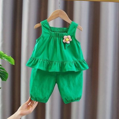 Baby girl suits the new 2023 western style fashionable summer childrens wear cotton vest shorts two-piece outfit