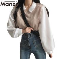 ◐ Manxi เสื้อสาวอวบ เสื้อเชิ้ตแขนยาว หลวม ใส่สบายๆ A29J0GO