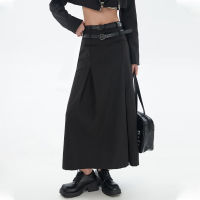 Korean Style High Waist Long Skirts Women Double Belt Preppy Midi Skirts Woman Black Gray Y2K Pleated A Line Skirt