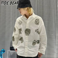 TIDE BEAR เสื้อเชิ้ตชาย แขนยาวเสื้อผู้ชายแขนยาวพิมพ์ลายแนวสตรีทแฟชั่นเสื้อลำลองทรงหลวมใส่ได้กับเสื้อปก