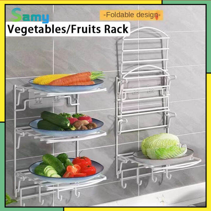 Kitchen Wall Mounted Vegetable Rack 4 Tier Multipurpose Foldable Wall Fruit And Vegetable Dish