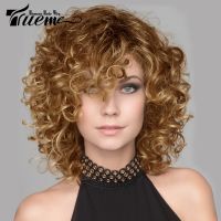 Trueme Short Curly Bob Wig With Bangs Colored Brazilian Human Hair Wigs For Women Ombre Black Brown Romance Wave Bob Full Wig