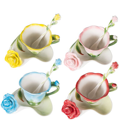 Best 3D Rose Shape Flower Enamel Ceramic Coffee Tea Cup and Saucer Spoon High-grade Porcelain Cup Creative Valentine Gift Design