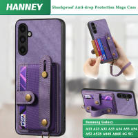 HANNEY สำหรับ Samsung Galaxy A13 A23 A32 A33 A34 A53 A54 A52 A52S A72 A73 A14 A04 A04E A04S แบบย้อนยุคเคสกระเป๋าเก็บบัตรกันกระแทกป้องกันการตกพร้อม ฝาครอบหลังแบบนิ่มสายคล้องแทบข้อมือ SD-D7