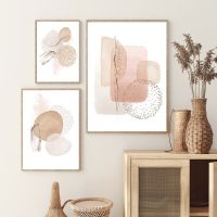 Modern Geometric Canvas Painting - Beige Pink Boho Poster And Print Wall Art Pictures - Ideal For Bedroom Living Room Home Decor