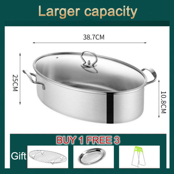 Gorich Stainless Steel Fish Steamer Thick Oval Fish Steamer Glass Lid