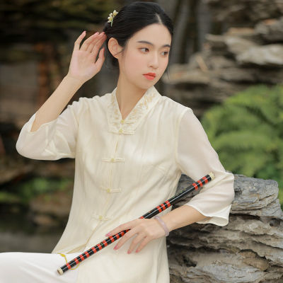 Qing Shuzhai จีนปักชุดสตรีแขนสามในสี่สไตล์จีนผู้หญิงชุดน้ำชาเซน2022