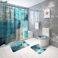 Simple Blue Abstract Bathroom Car Absorbent Bathroom Rug Set Shower Curtain with Hooks Anti-slip Bathroom Car Shower Mat