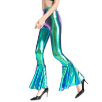 Women Flare Shiny Trousers Laser Metallic Wetlook Ruffle Wide Leg Pants Retro 70s Disco Hippie Club Trousers Bell Bottoms