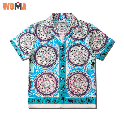 WOMA พิมพ์ลายเสื้อแขนสั้นผู้ชาย,เสื้อเชิ้ตผู้ชายปกลำลองหลวม