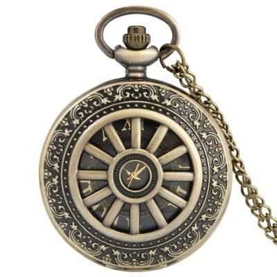 บรอนซ์ยุคโบราณกลวงเคสล้อเกียร์ควอตซ์กระเป๋านาฬิกาสร้อยคอเลขโรมันจี้ของขวัญของชำร่วยผู้ชายผู้หญิง
