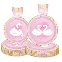 White Xrown Swan Disposable Tableware Pink Plates Napkins Happy Birthday Party Decor Kids Girl 1st Swan Baby Shower Favor