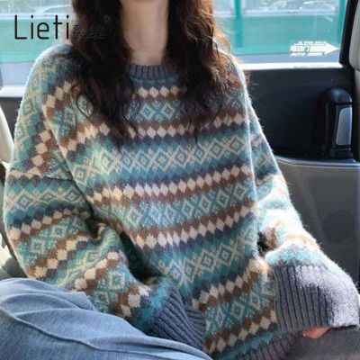 [Spot] New lazy wind loose sweater womens design sense niche Hong Kong style retro casual rhombus sweater women 2023