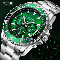 MEGIR Mens Chronograph Quartz Watches Stainless Steel Waterproof Lumious ogue 24-hour Wristwatch for Man Green Dial 2064G-9