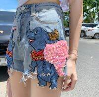 2021High Quality Cartoon Dumbo Sequined Diamond Denim Shorts New Summer Loose Wide Leg Hole Shorts Students Hot Shorts Casual