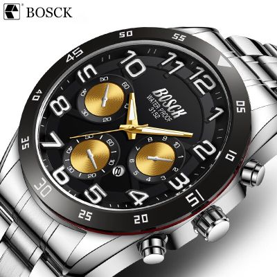 Bosck Mens Fashion Trend 30M Waterproof Business Quartz Watch Multi-Time Zone Luminous Luxury Watch With Stainless Steel Strap