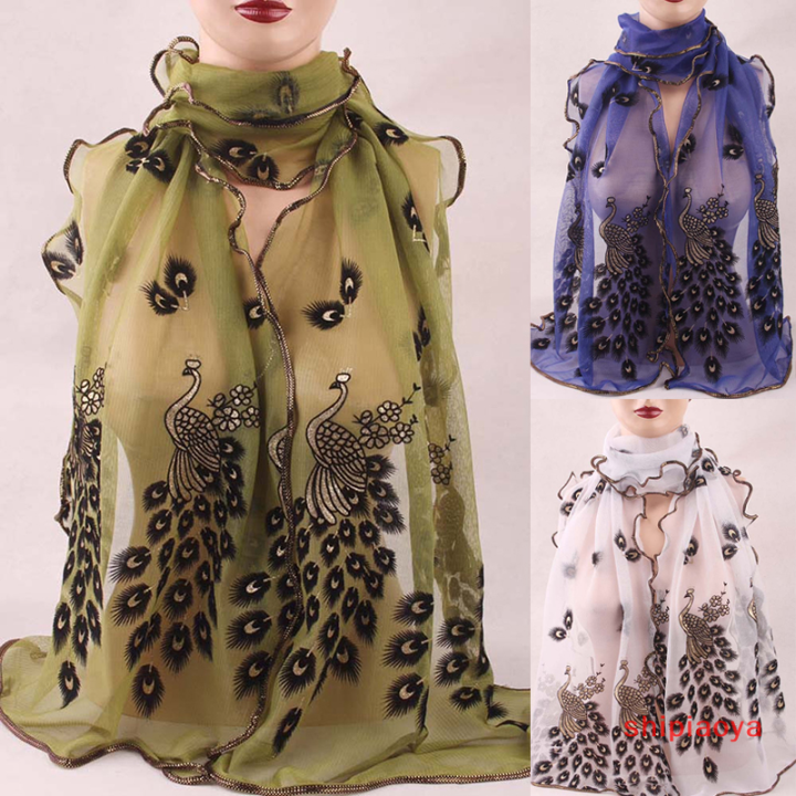 shipiaoya-ผ้าคลุมไหล่ลายนกยูงเก๋ใหม่ผู้หญิงผ้าคลุมไหล่สุดเก๋วินเทจผ้าพันคอผ้าพันคอนิ่มยาว