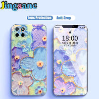 Jingsanc ปลอกซิลิโคนสำหรับ Realme C21Y/C25Y/C21/C20/C11 2021เคสโทรศัพท์ Blue Light Flash Drill ภาพสีน้ำมันเปลือกดอกไม้สีม่วง Soft TPU Ultra Thin แฟชั่น Simple All-Inclusive เลนส์ฝาหลัง