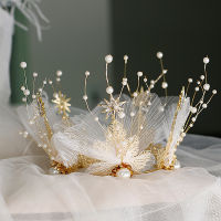 Baroque Diadema Pearl Tiara Star Round Crowns Wedding Hair Jewelry with Earrings Yarn Flower Bride Ornaments Women Accessories