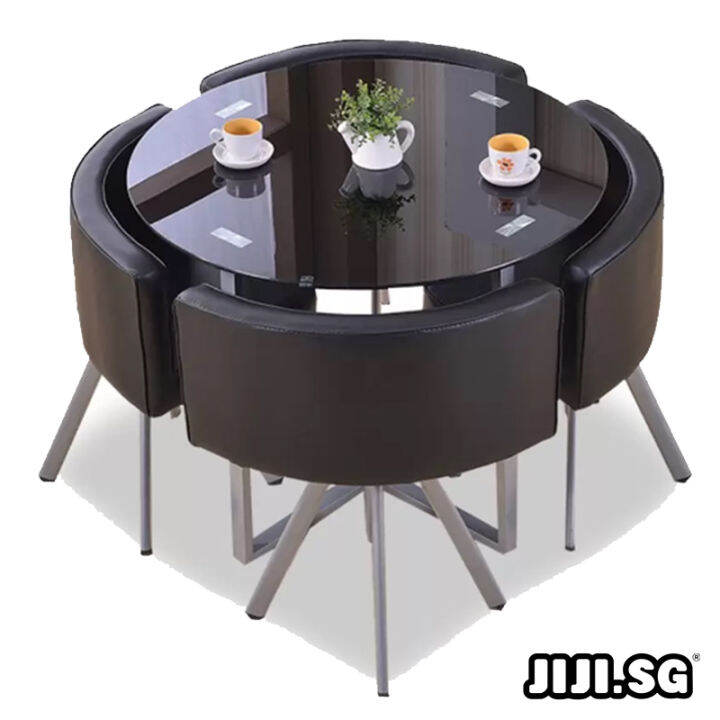 (JIJI.SG) Bryce Round Glass Dining Table Set (1 Table W/ 4 Chairs) Glass Round / Tables