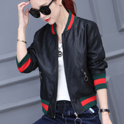Female Leather Jacket Baseball Uniform Short Coat Collar Pu Cultivate Ones Morality Black Red Cool Fall Winter New 2022