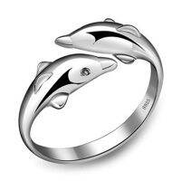 Silver Color Jewelry Open Happy Double Dolphin Love Rings For Party Women Gift Adjustable Ring Anillos Bague VRS2196