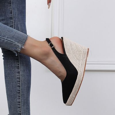 After the new summer fashion thick wedge bottom pointed high empty baotou drag for womens shoes with straw shoes hemp rope bottom