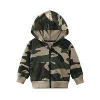 เด็กชาย Camo Hoodie แจ็คเก็ตเด็กนักเรียนคอตตอนมีซิปเสื้อผ้าสวมภายนอก