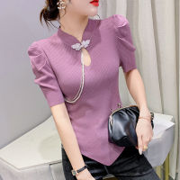 2022 Spring and Summer New Cheongsam Button Retro Short-sleeved Sweater Womens Slim Irregular Foreign Style Pullover Hollow Top