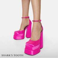 Thick-heeled sandals high-heeled super-heeled waterproof platform satin square head large size high-heeled shoes (size 35-43)