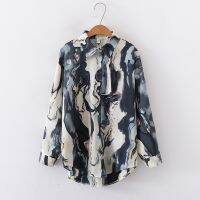 European and American style womens new flower print loose lapel long-sleeved fashion shirt