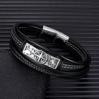 MKENDN Viking Style Compass Norse Runes Amulet Men MultiLayer Leather Stainless Steel Bracelet Norse Mythology Jewelry