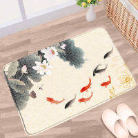 Chinese Style Bathroom Mat Ink Floral Plant Bird Fish Lotus Landscape Non-Slip Flannel Floor Decor Bath Kitchen Doorway Carpet