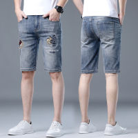 2022 59603 Elastic Denim Men Slim Fit Casual Style เย็บปักถักร้อยแบรนด์ Celana Pendek Slim Fit สไตล์ยุโรป