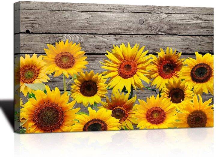 Yellow Sunflower Wall Art Wall Decor on Vintage Wooden Background Vivid