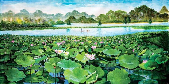 Tranh phong cảnh Làng sen đầm sen quê Bác Hồ kèm khung tranh trang trí |  