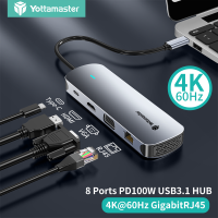 Yottamaster USB Type C 8 In 1ฮับ USB-C 4K 60Hz HDMI/VGA/เครื่องอ่านการ์ด/Audio/100W PD อะแดปเตอร์ RJ45