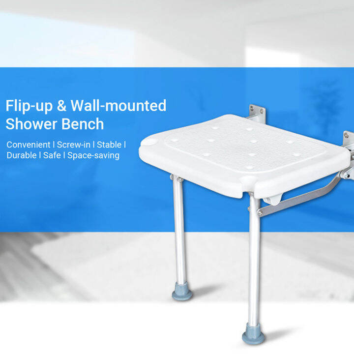 folding-shower-bench-wall-mounted-flip-up-bath-seat-screw-in-bathroom-chair-stool-with-non-slip-feet-drainage-holes-shower-head-slot-for-elderly-seniors-disabled