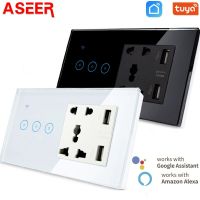 ASEER Tuya/Ewelink WiFi Universal Socket with USB Smart Switch 1-2-3 Gang Wall Touch Light Switch Work with Alexa Google Home Ratchets Sockets