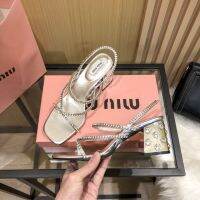 2022 Spring miumiuˉHome New Style Square Toe Rhinestone Strap Sandals Women Open Sexy Thick Heel Silver High Heels