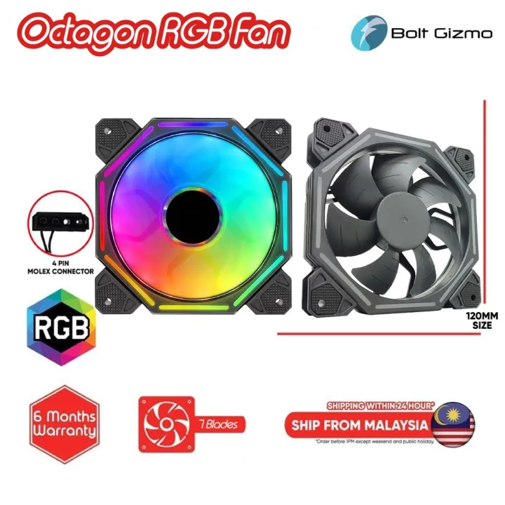 Octagon Rgb Pc Fan Casing Quiet Cooler Computer Case Cpu 1mm 12cm Dc 12v Led Cooling Chassis Desktop Molex 4pin Silent Lazada