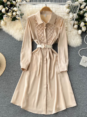 SINGREINY rench Style Court Dress Summer 2022 Sashes Polo Neck Temperament Long Sleeves Ladies A Line Slim Dresses